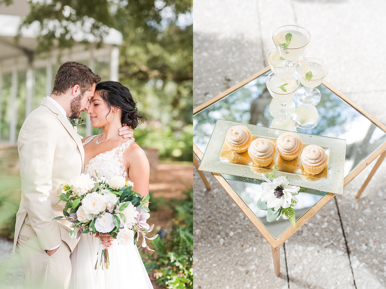 Charleston Wedding at Lowndes Grove Bride and Groom nose to nose and side table with cupcakes and drinks Photos