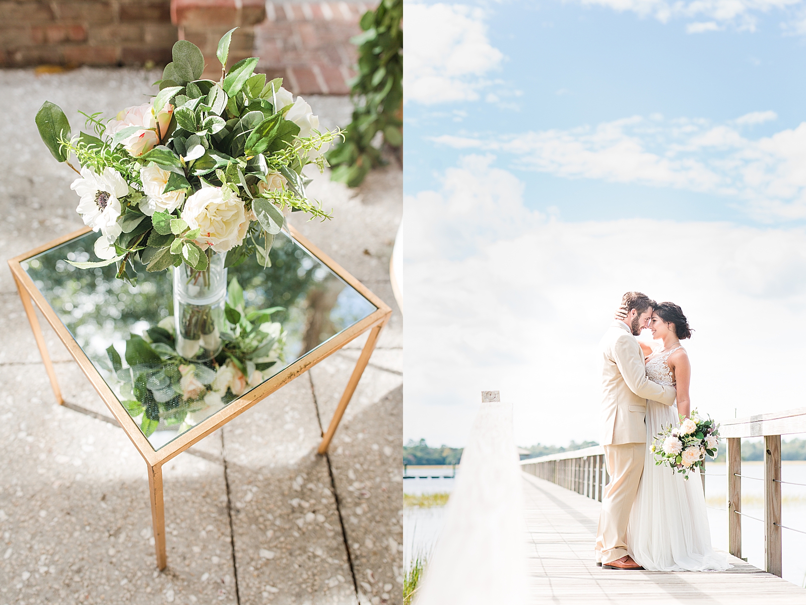 Charleston Wedding at Lowndes Grove Flowers on side table and Bride and Groom nose to nose on dock Photos