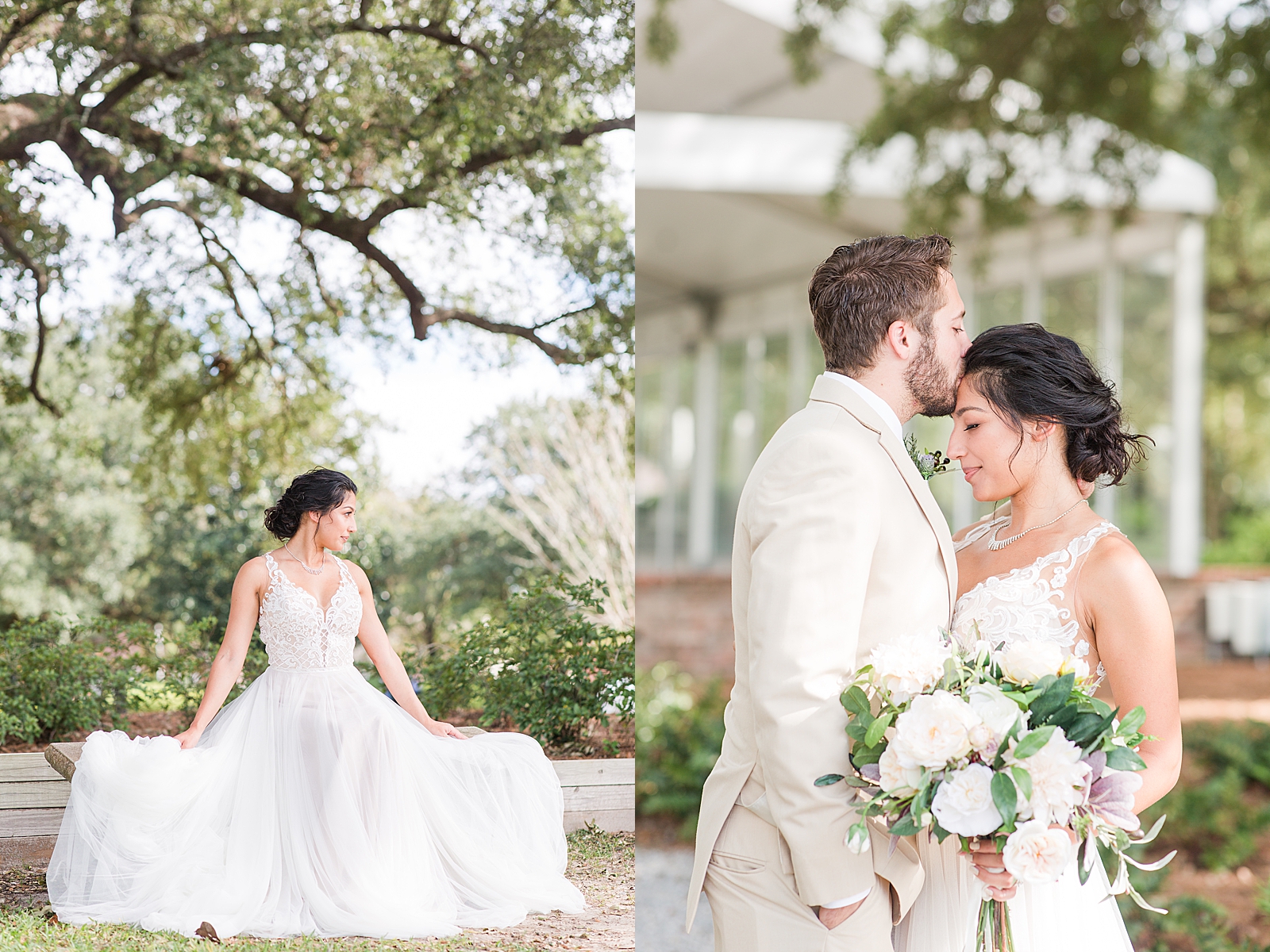 Charleston Wedding at Lowndes Grove Bride sitting on bench and groom kissing bride on head Photos