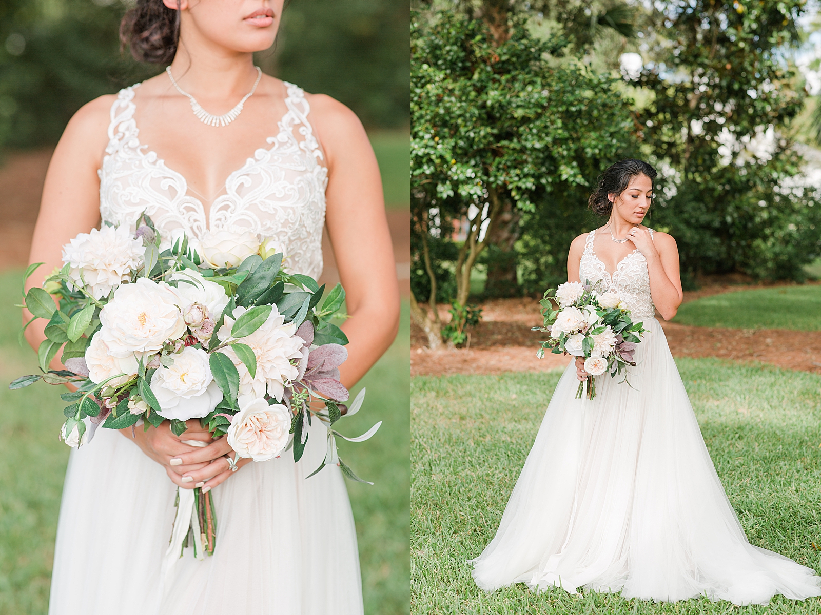 Charleston Wedding at Lowndes Grove Bridal bouquet detail and Bride looking over her shoulder Photos