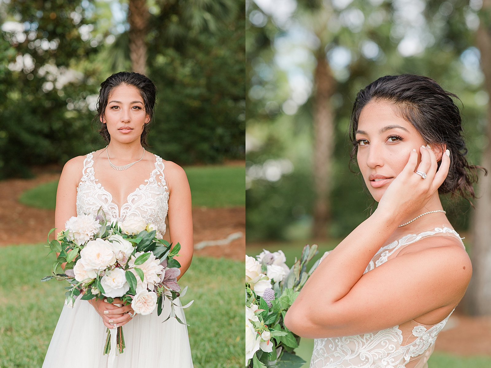 Charleston Wedding at Lowndes Grove Bride with bouquet and bride tucking hair behind ear Photos