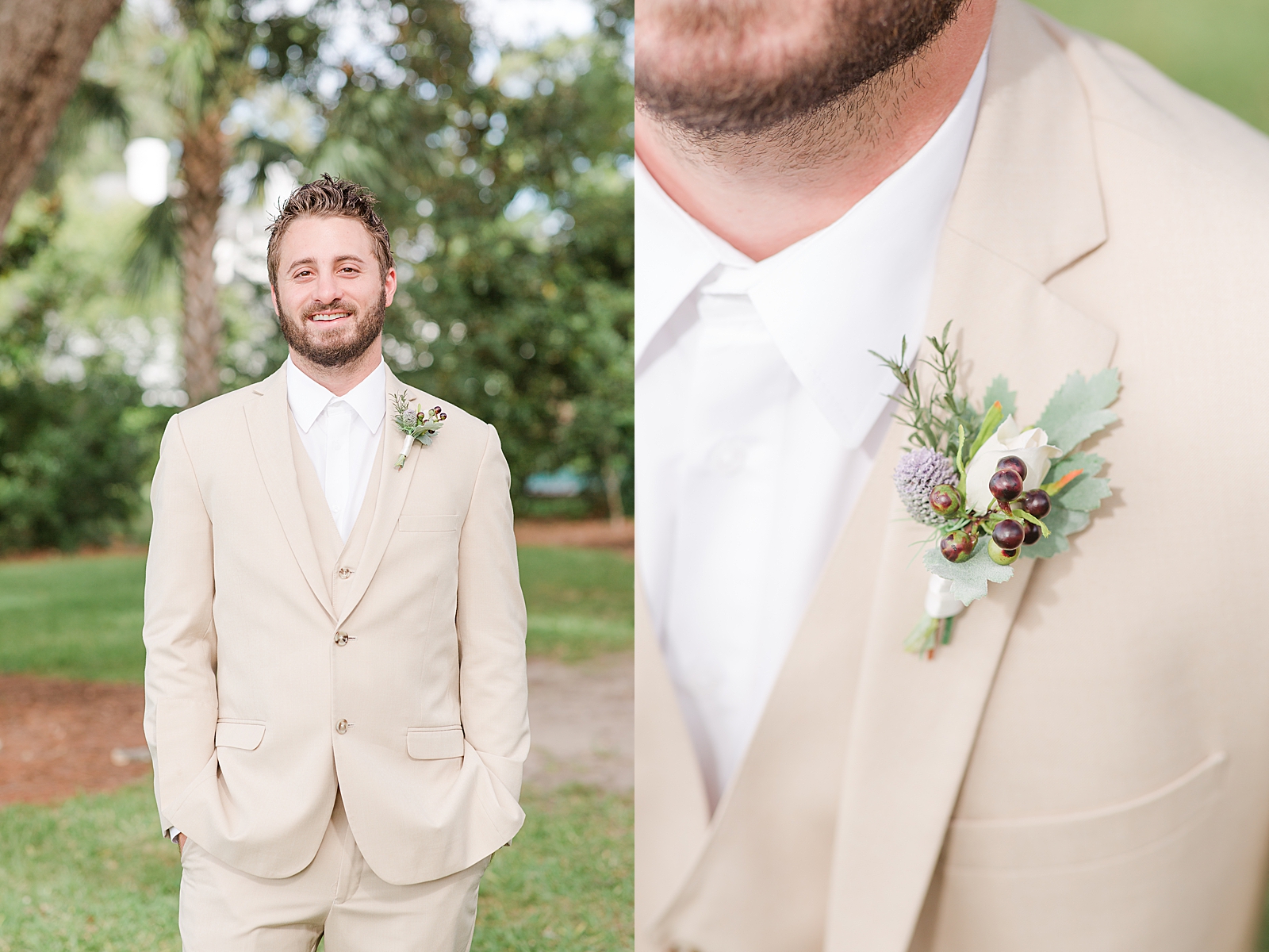 Charleston Wedding at Lowndes Grove Groom smiling at camera and detail of boutonnière Photos
