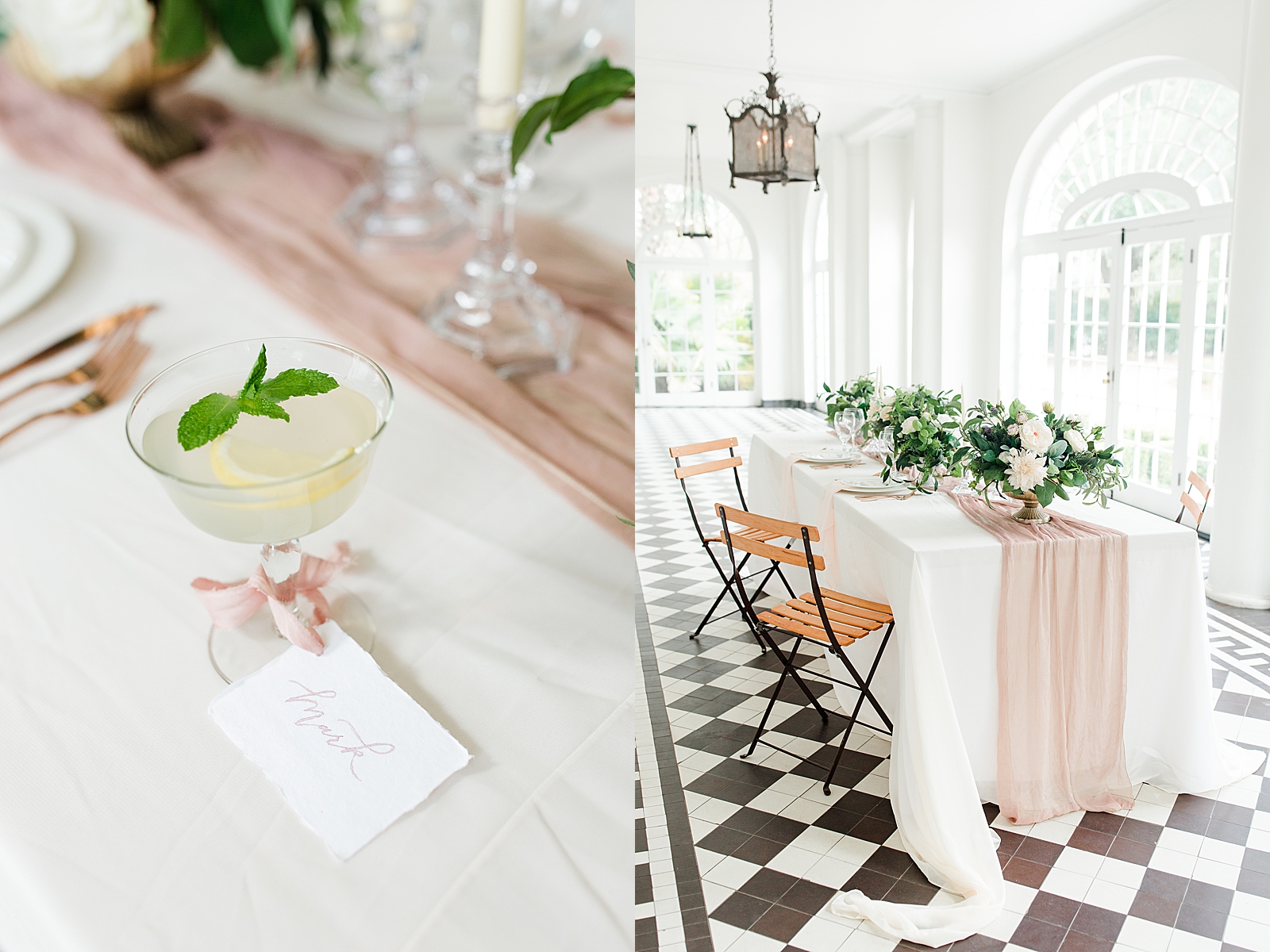 Charleston Wedding at Lowndes Grove Reception table with mixed drink and name tag Photos