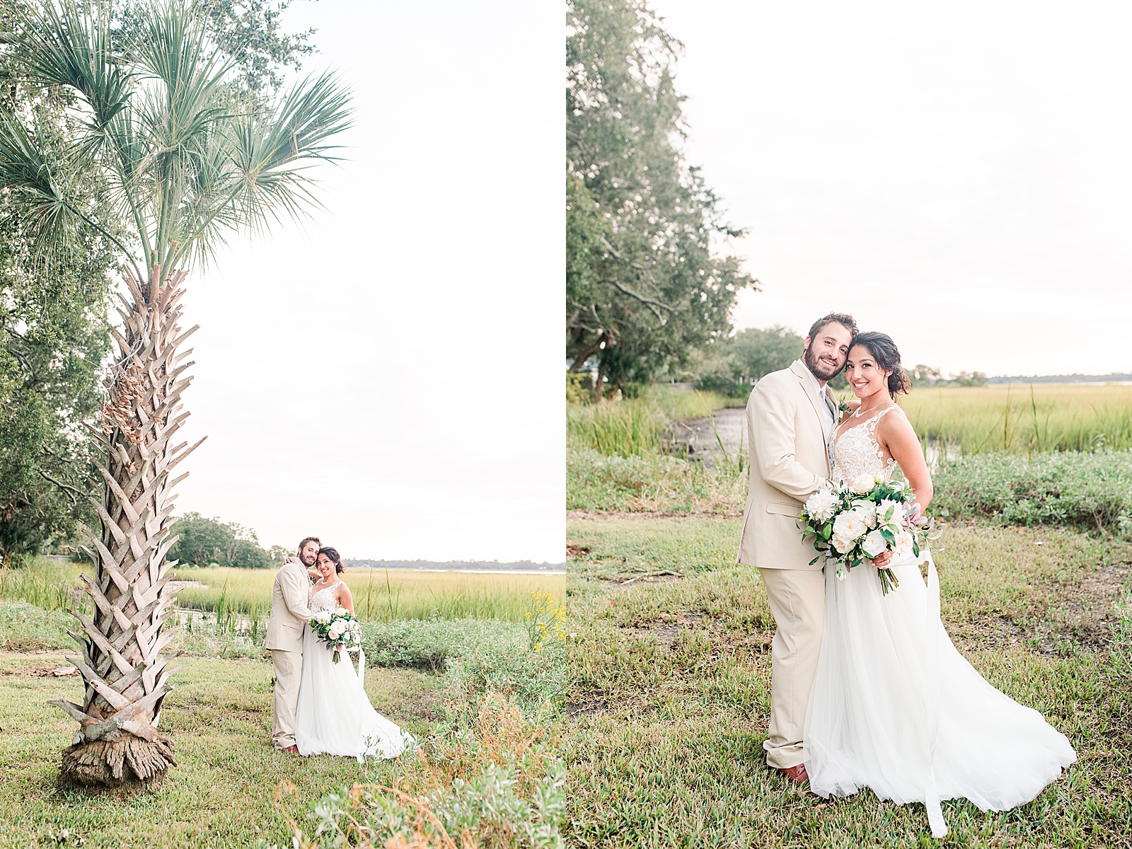 Charleston Wedding at Lowndes Grove Bride and Groom smiling at camera by palm tree Photos