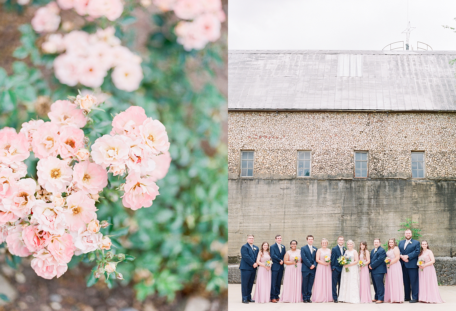 Black Fox Farms Garden Wedding Pink Flowers Detail and Bride and Groom with Wedding Party in Front of Old Building Photos