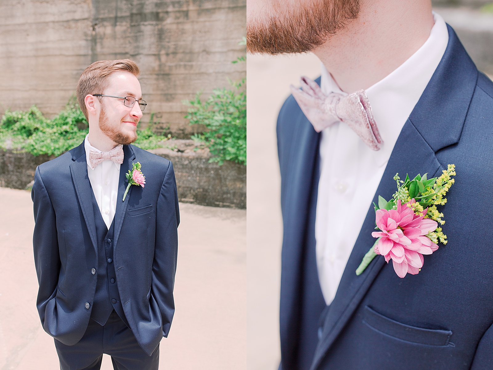 Black Fox Farms Garden Wedding Groom Smiling and detail of Boutonniere Photos