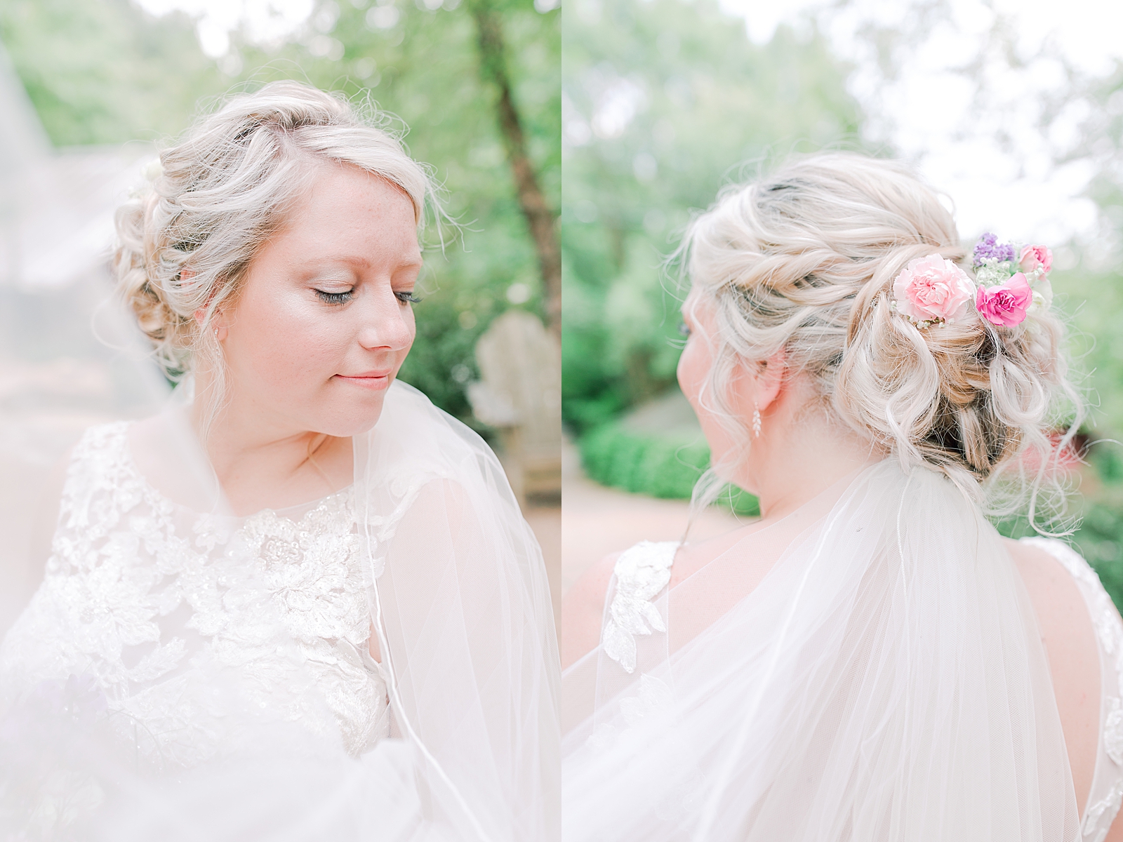 Black Fox Farms Garden Wedding Bride looking over her shoulder and detail of her hair Photos