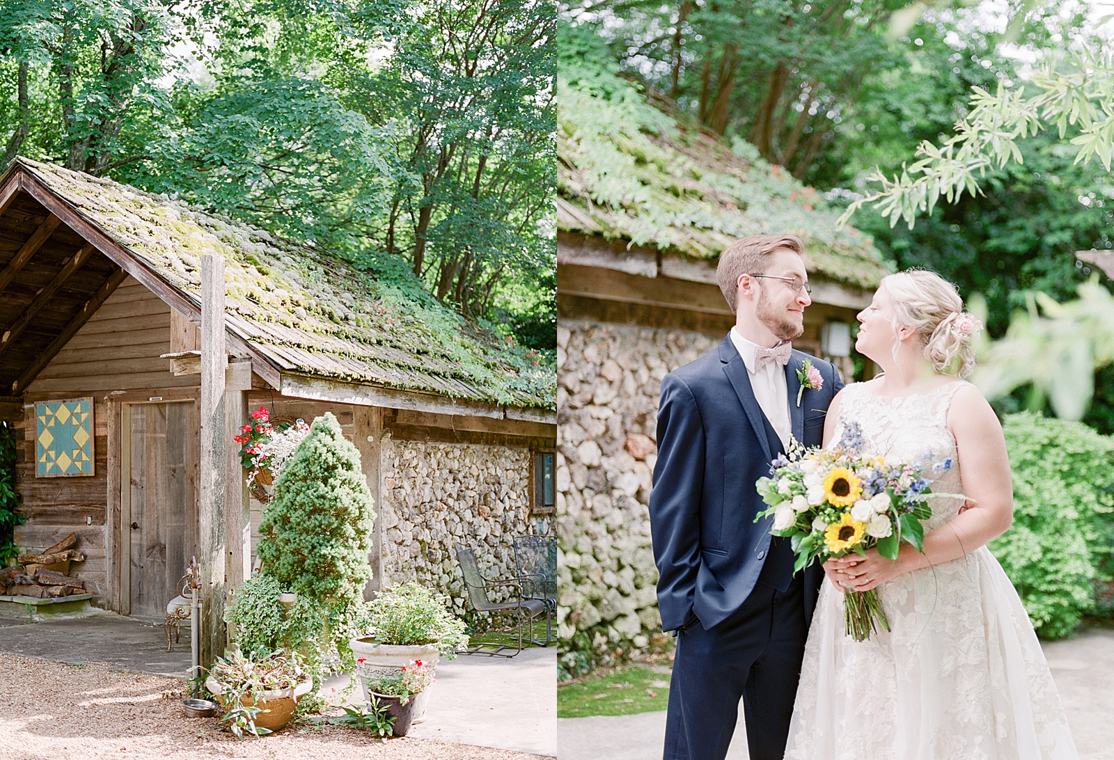 Black Fox Farms Garden Wedding Venue Old Cabin and Bride and Groom in Front of Old Cabin Photos