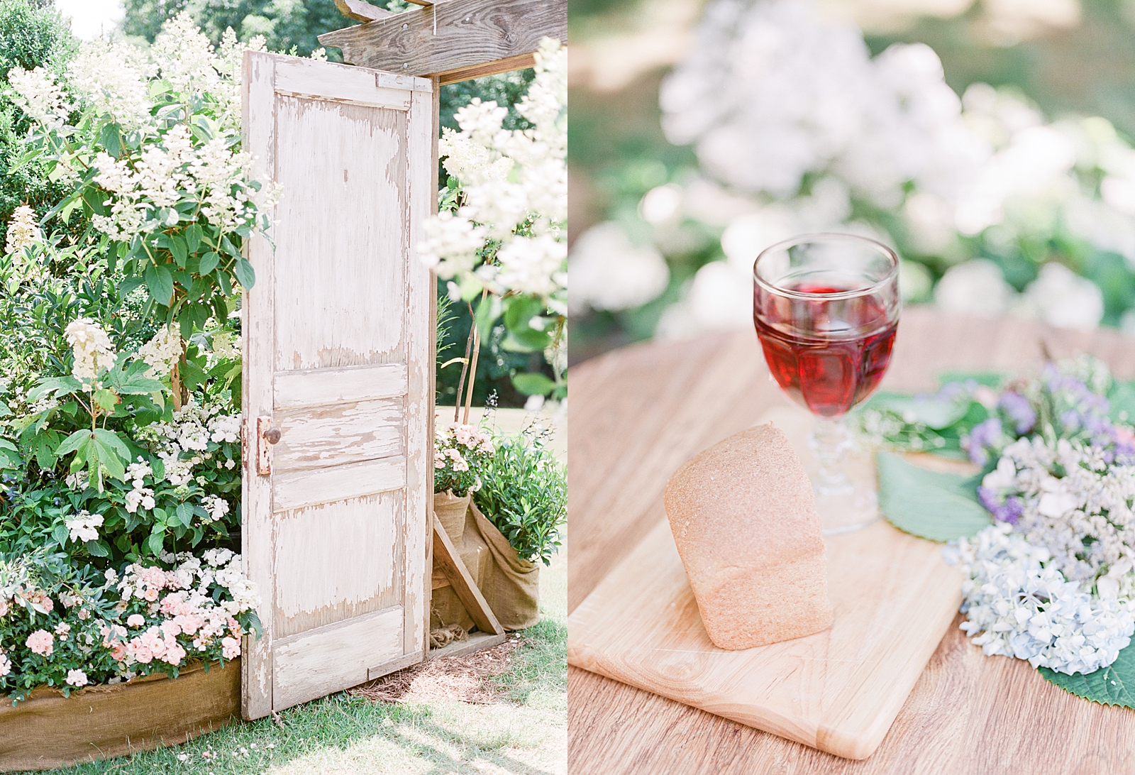 Black Fox Farms Garden Wedding Details Old Door and Wine and Bread For Communion Photos