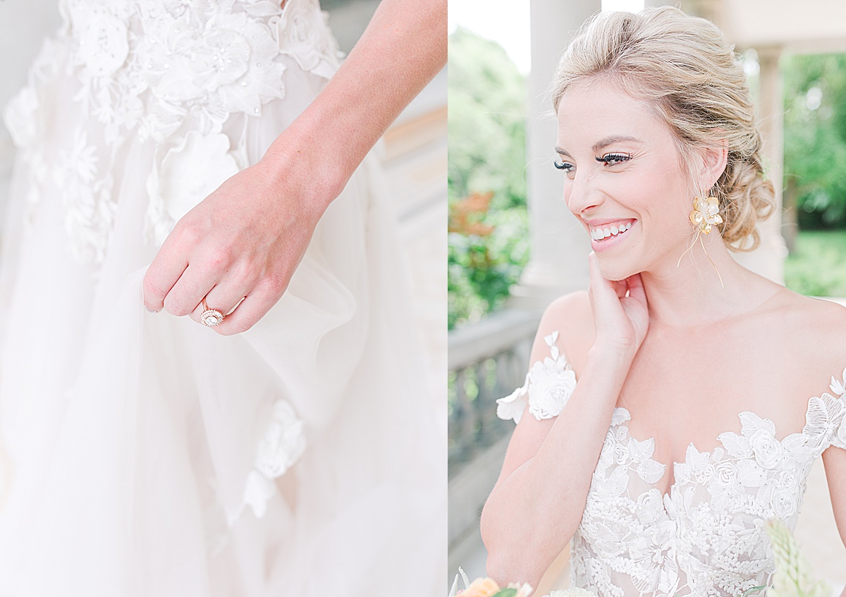 Château Bouffémont Wedding Detail of Brides Ring Holding Dress and Bride Smiling with hand on cheek Photos
