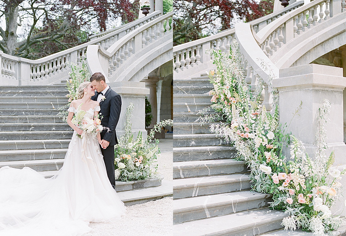 Château Bouffémont Wedding Bride and Groom Snuggling on Stairs and Detail of Flowers on Stairs Photos