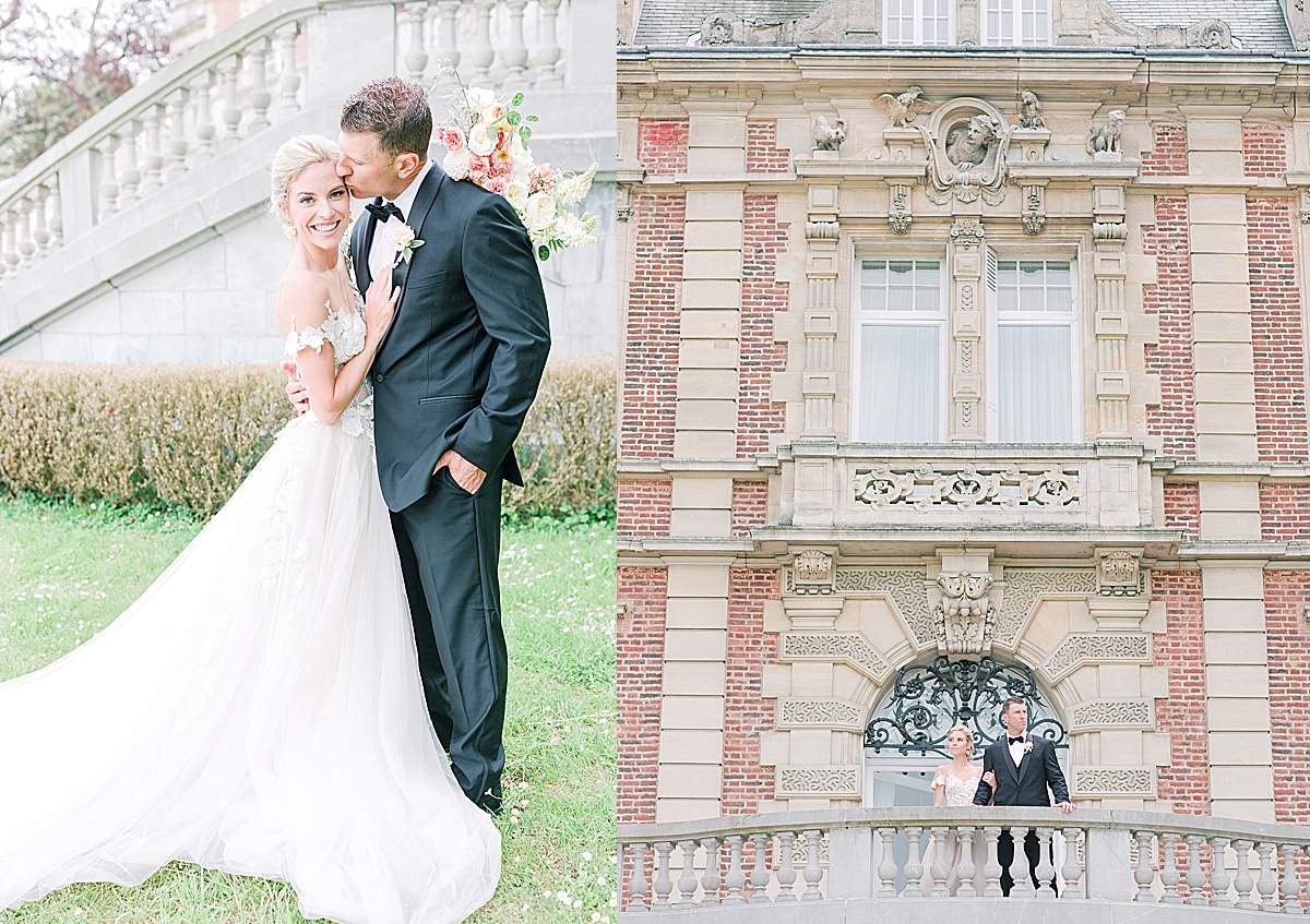 Château Bouffémont Wedding Bride and Groom Hugging and Standing on Balcony Photos