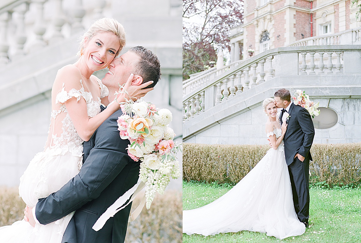 Château Bouffémont Wedding Groom Holding Bride Smiling and Groom Kissing Bride Photos
