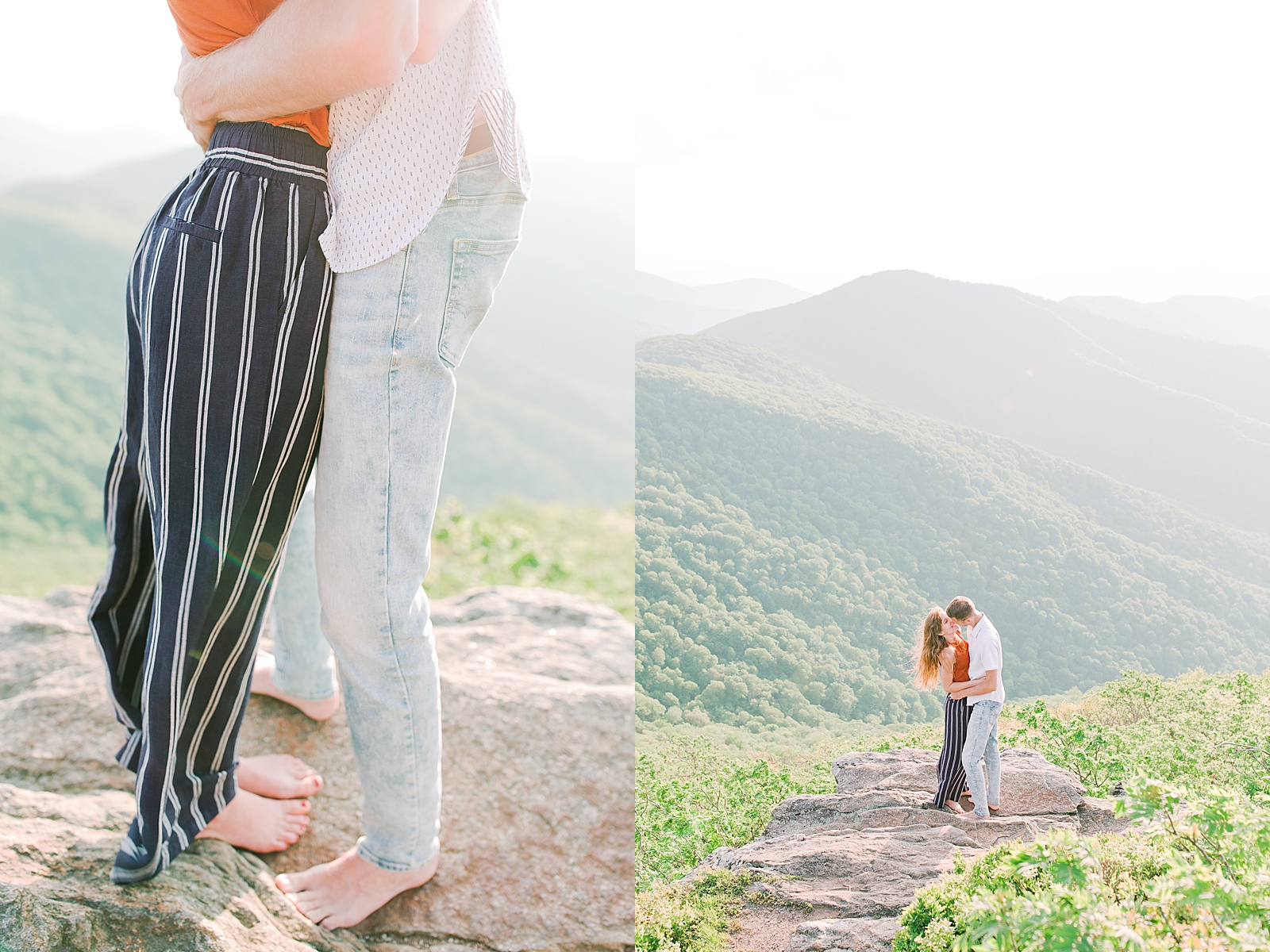 Craggy Gardens Engagement Waist Down of Couple hugging and Couple out on rock with sweeping mountain view Photos