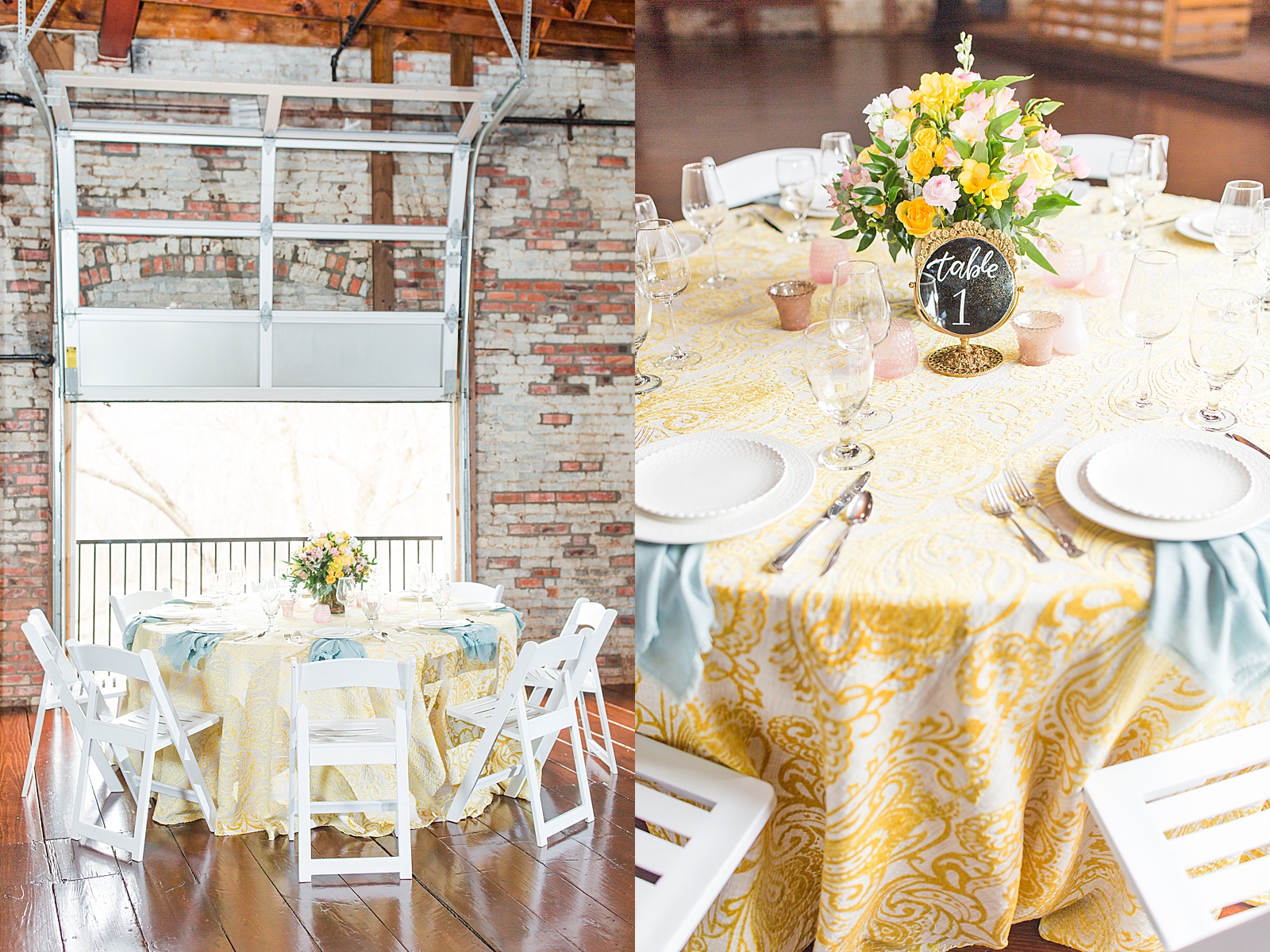 Hackney Warehouse Wedding Reception tables with yellow table cloth and white plates Photos