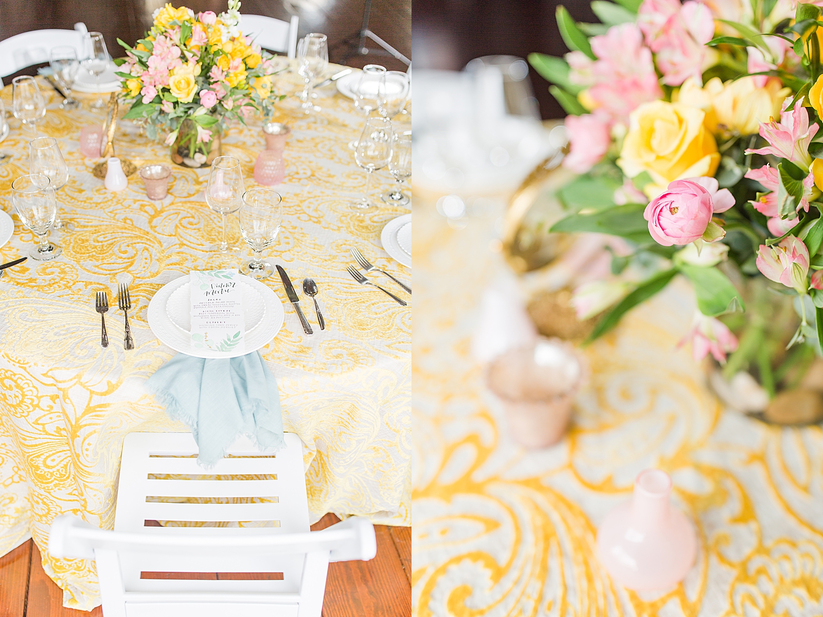 Hackney Warehouse Wedding Reception Table with yellow table cloth and blue napkins Photos