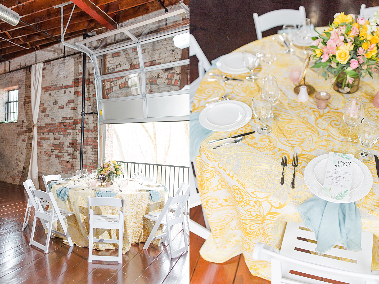 Hackney Warehouse Wedding Reception Table setting with yellow table cloths and blue napkins Photos