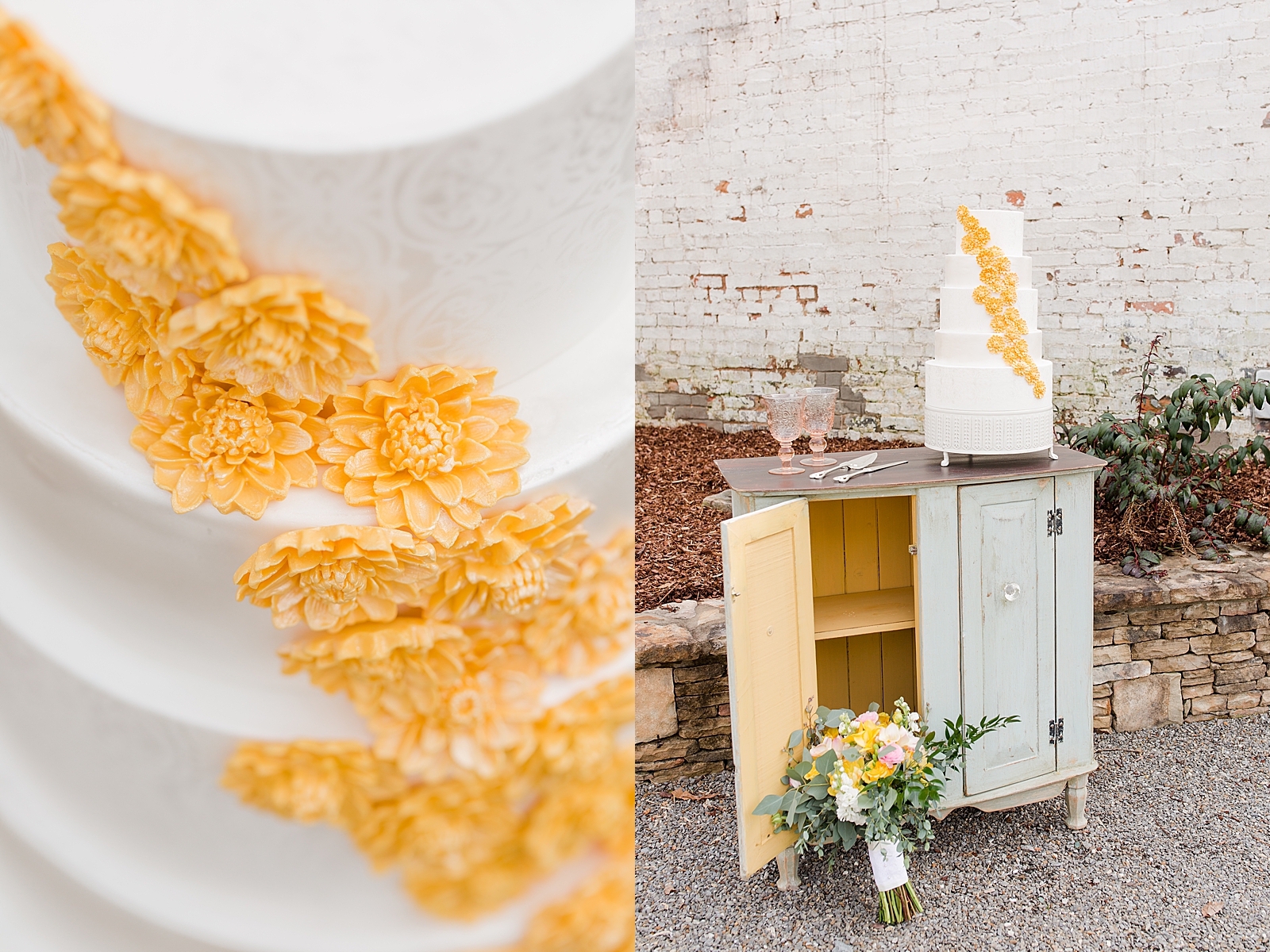 Hackney Warehouse Wedding 5 tier cake with yellow flowers sitting on blue table Photo