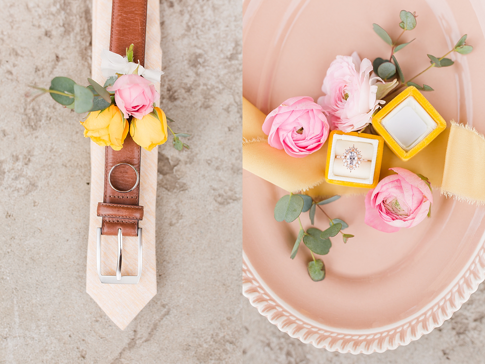 Hackney Warehouse Wedding Grooms Details tie belt and boutonnière on concrete floor and ring detail in yellow box with flowers Photos