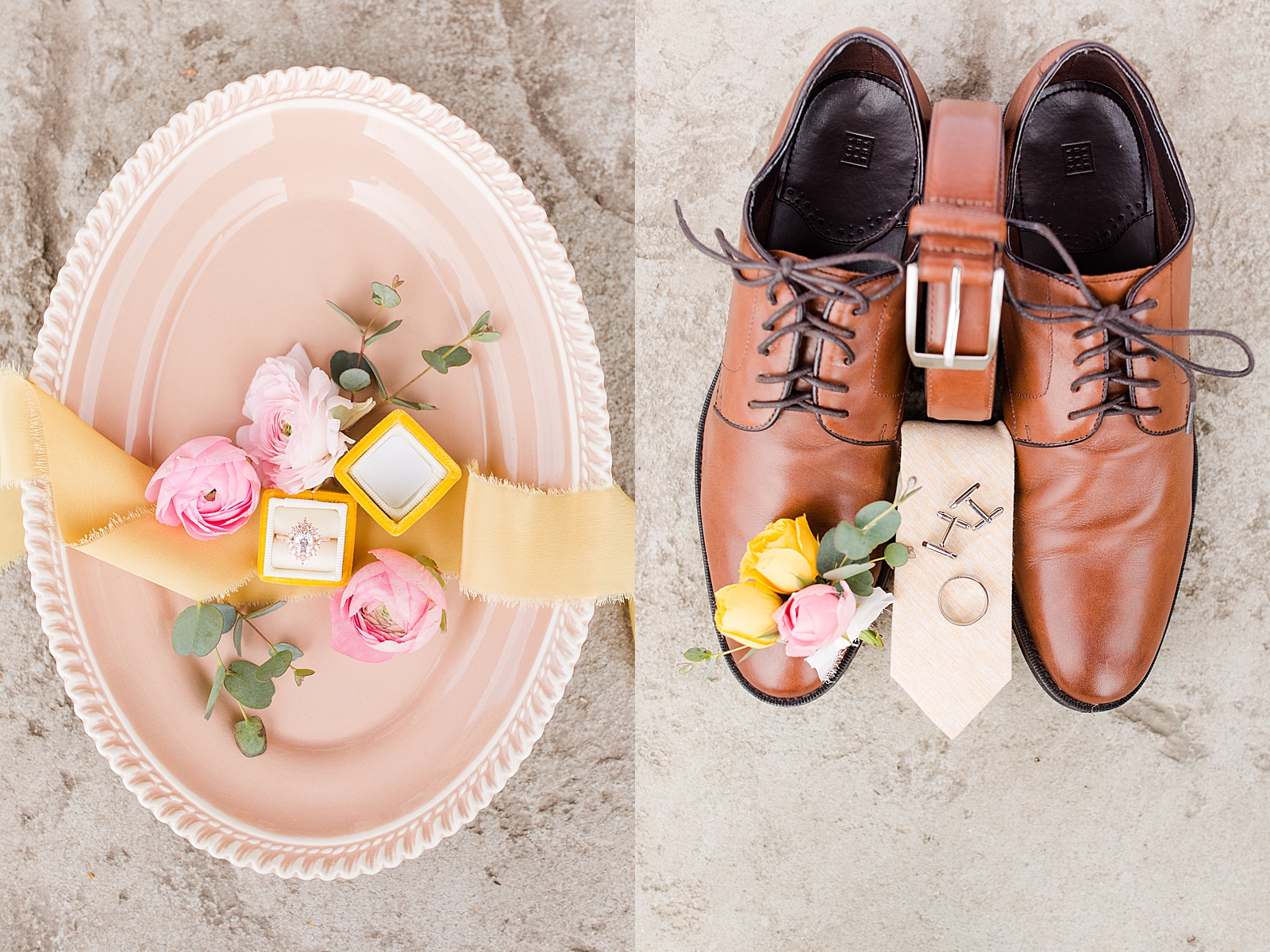 Hackney Warehouse Wedding Details of Brides Ring in Yellow box on Pink Dish and Grooms Shoes Belt Tie Cufflinks and Boutonniere Photos