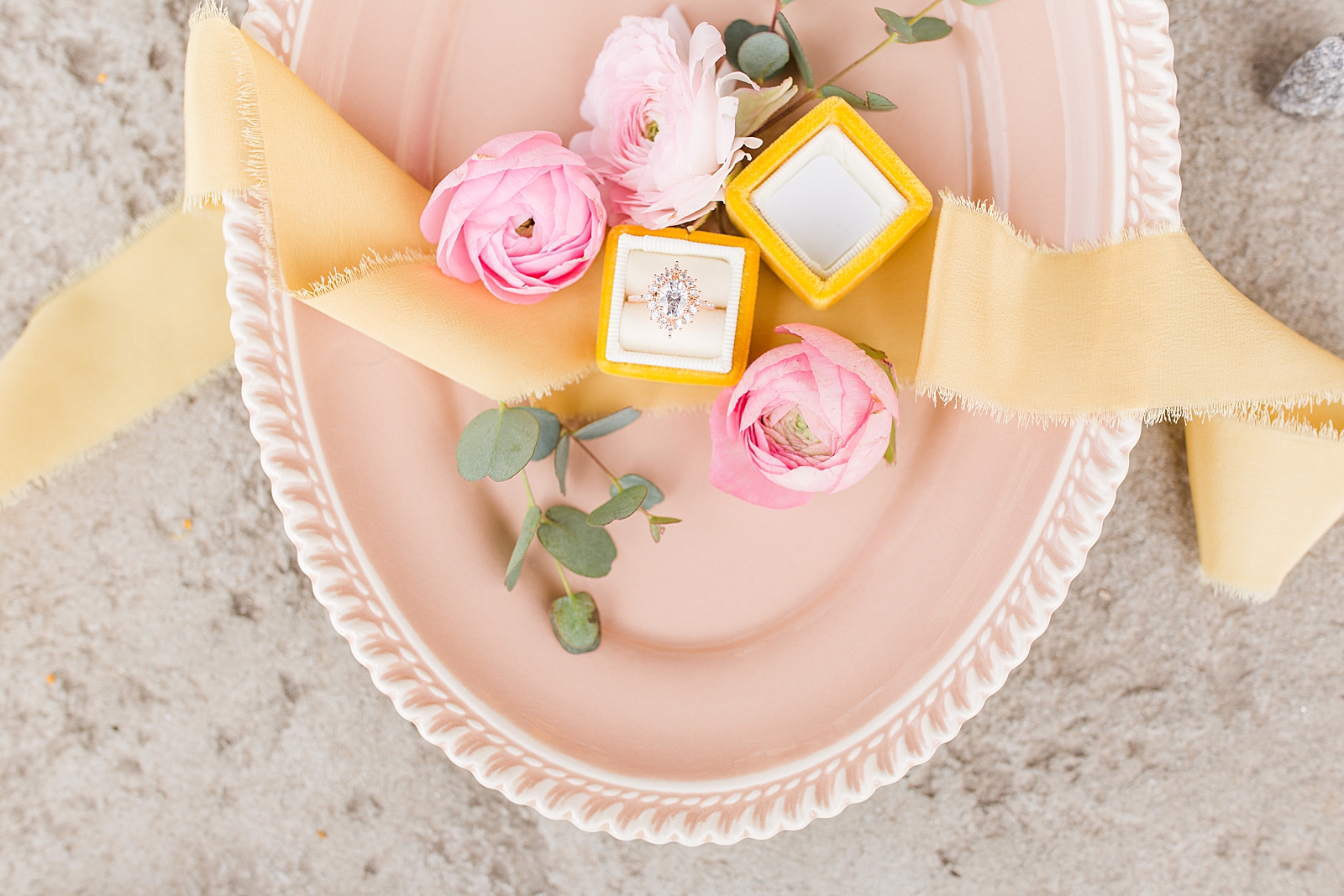 Hackney Warehouse Wedding Brides Ring in Yellow Ring box with pink dish and pink flowers Photo