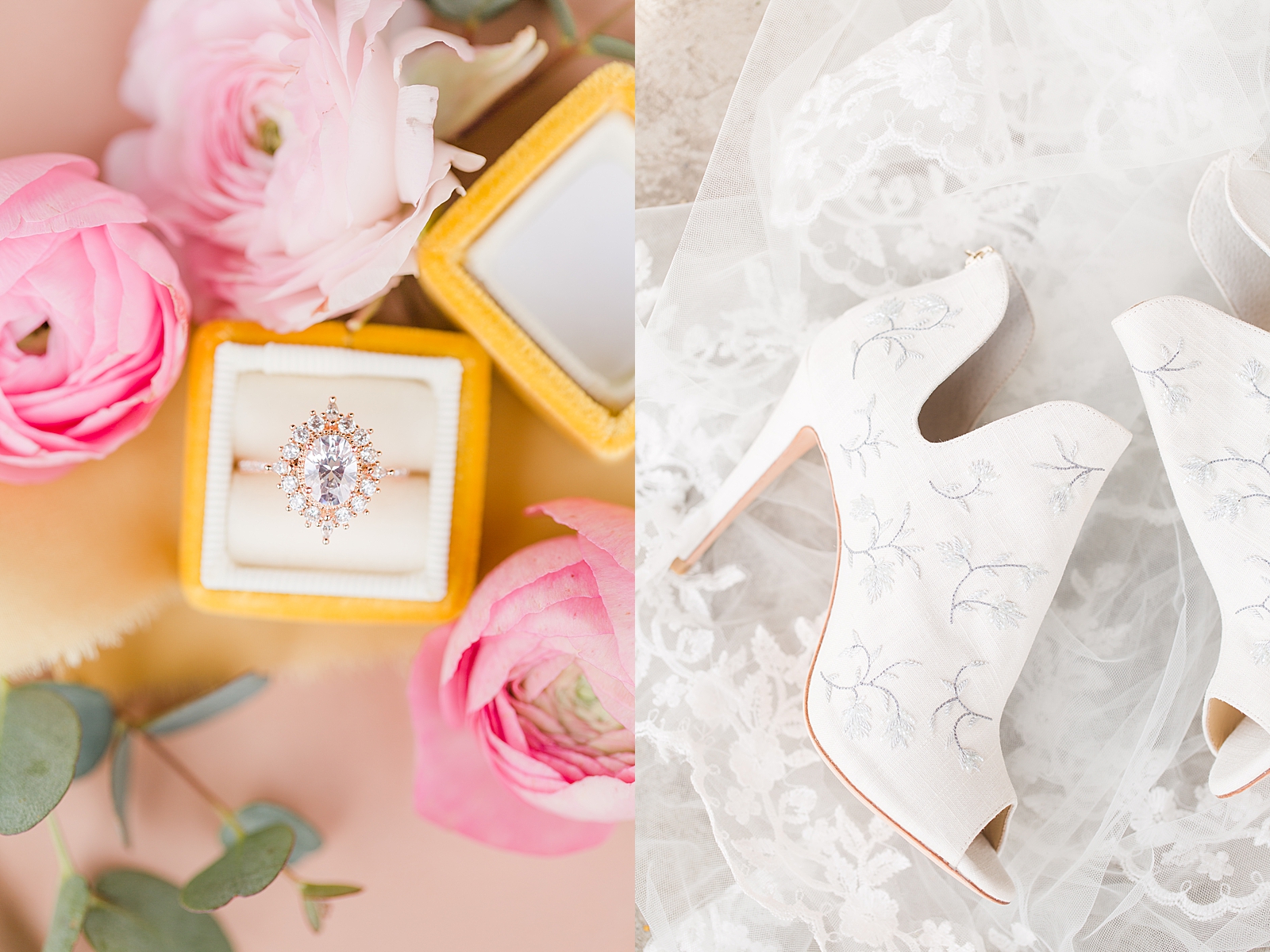 Hackney Warehouse Wedding Brides Ring in Yellow Ring box and pink flowers and White Bella Belle Bootie Heels Photos