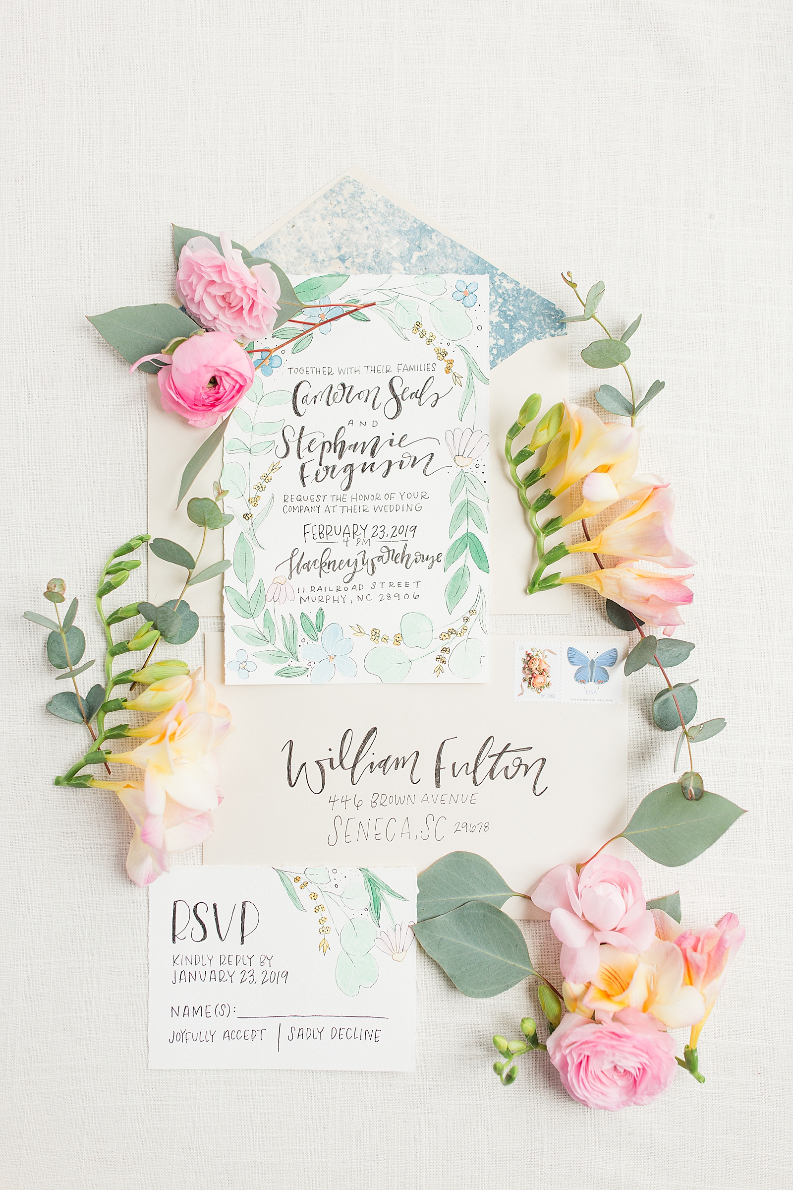 Hackney Warehouse Wedding Invitation Suite with Flowers Photo