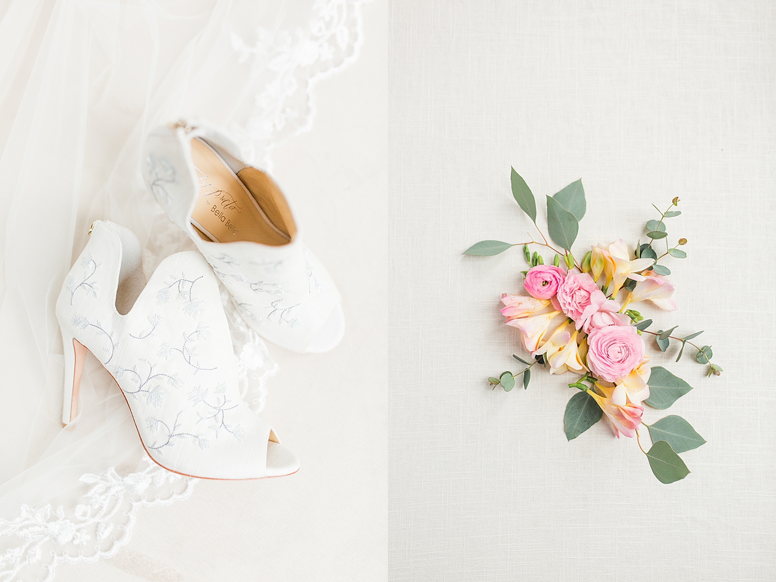 Hackney Warehouse Wedding White Bella Belle Bootie Heels and Detail of Pink and Yellow Flowers Photos