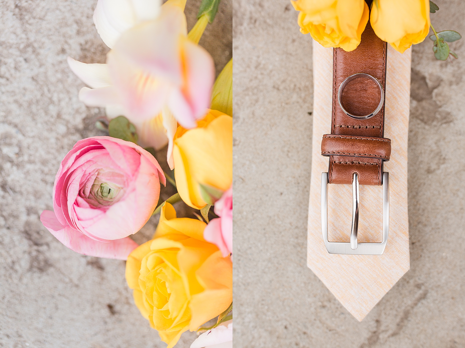 Hackney Warehouse Wedding Pink and Yellow Flowers and Tie Belt and Ring on Concrete Floor Photos
