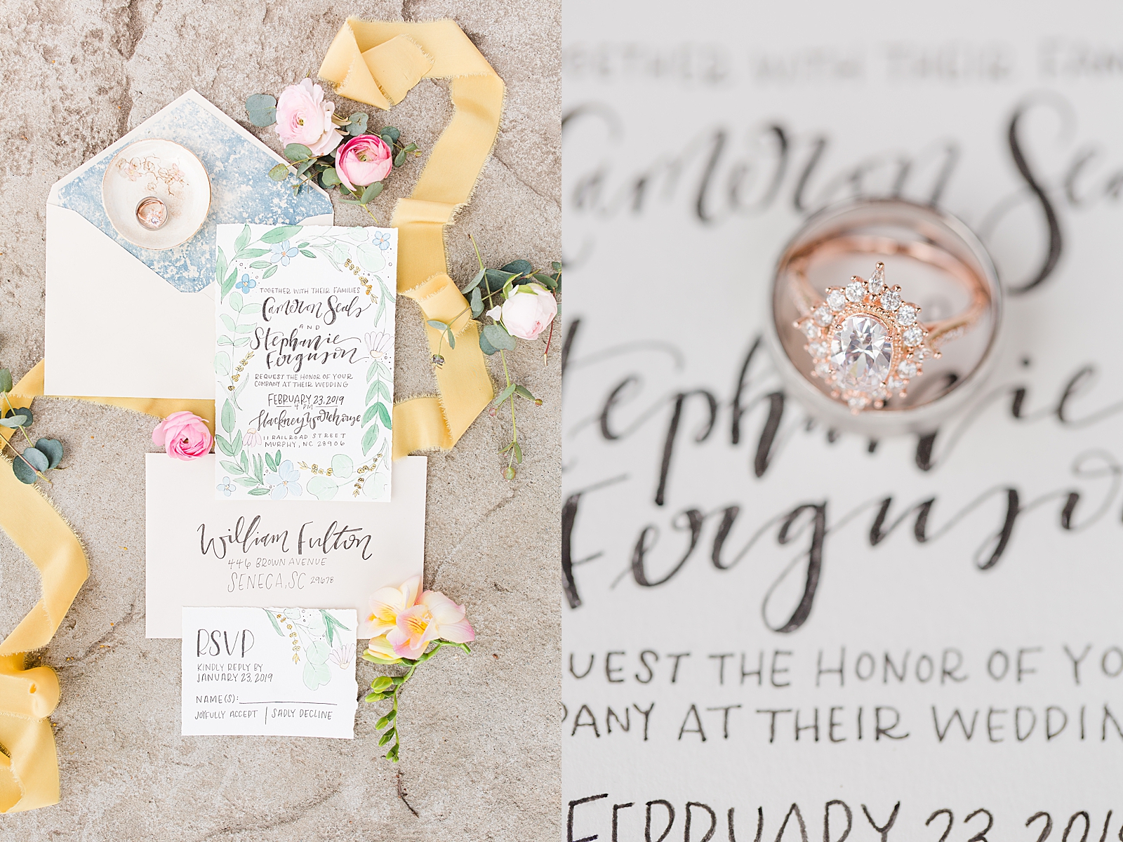 Hackney Warehouse Wedding Invitation Suite with Yellow Ribbon and Rings in dish and Detail of Wedding Rings on Invitation Photos
