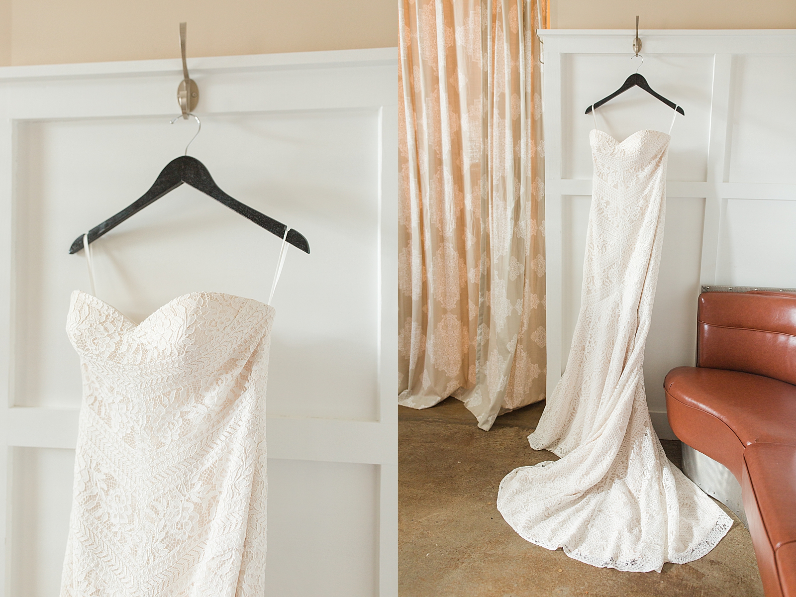 Hackney Warehouse Wedding Lillian West Gown Hanging in Bridal Suite Photos