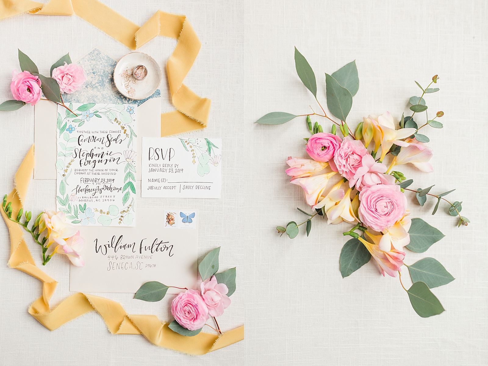 Hackney Warehouse Wedding Invitation Suite with Yellow Ribbon and Detail of Flowers Photos