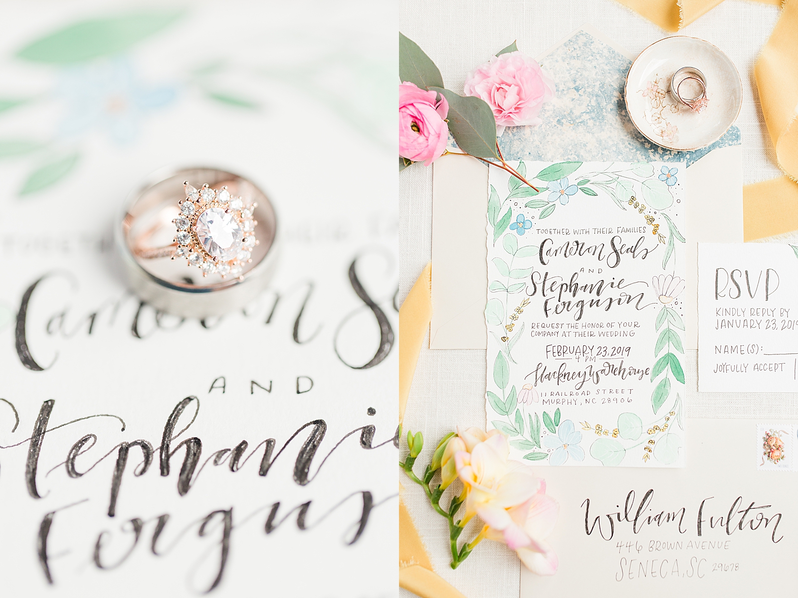 Hackney Warehouse Wedding Invitation Suite With Rings and Flowers Photos