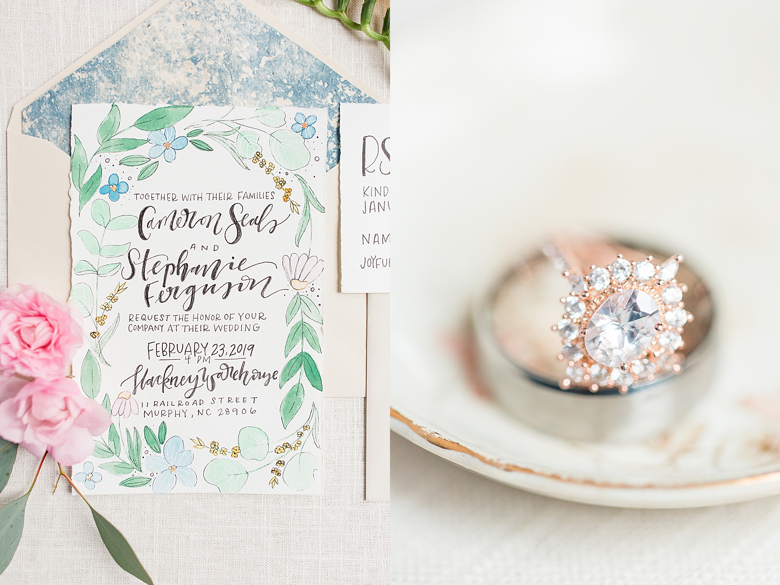 Hackney Warehouse Wedding Invitation Suite and Detail of Rings on dish Photos