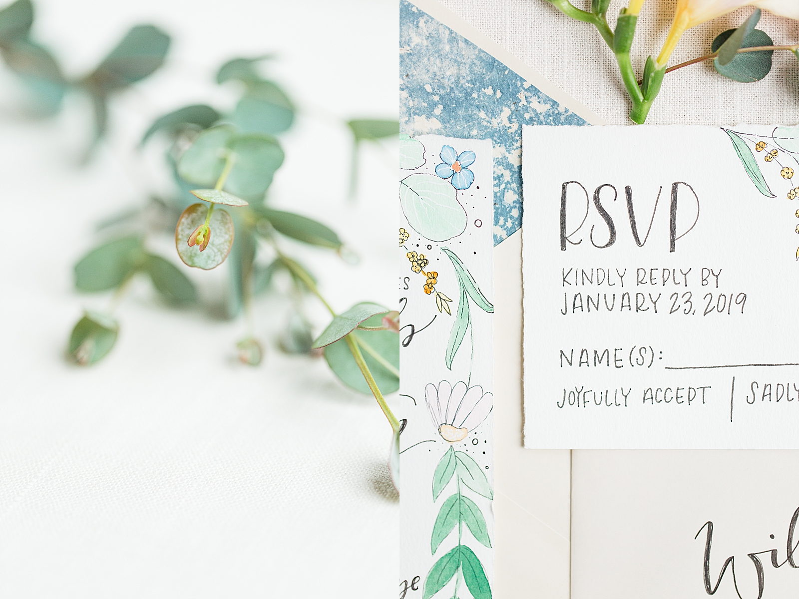Hackney Warehouse Wedding Detail of Eucalyptus Plant and Invitation Suite Photos