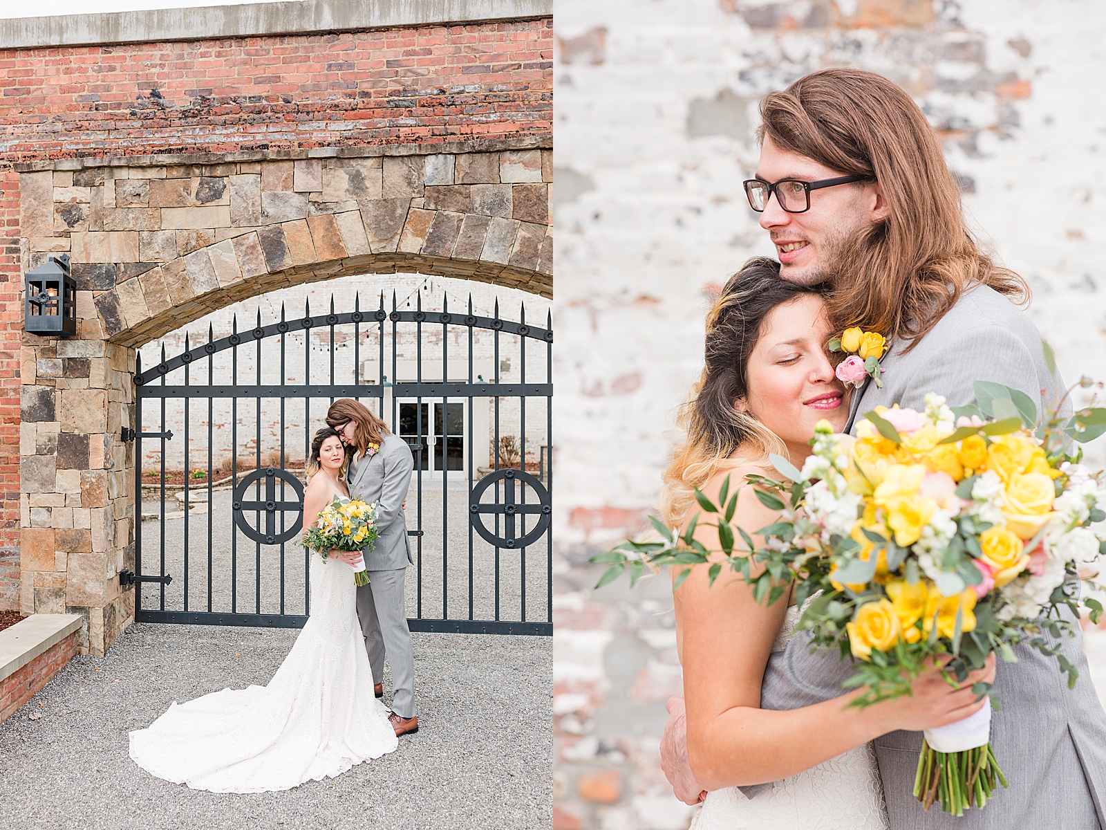 Hackney Warehouse Wedding Couple Hugging in front of metal Gate and Couple hugging and Smiling Photos