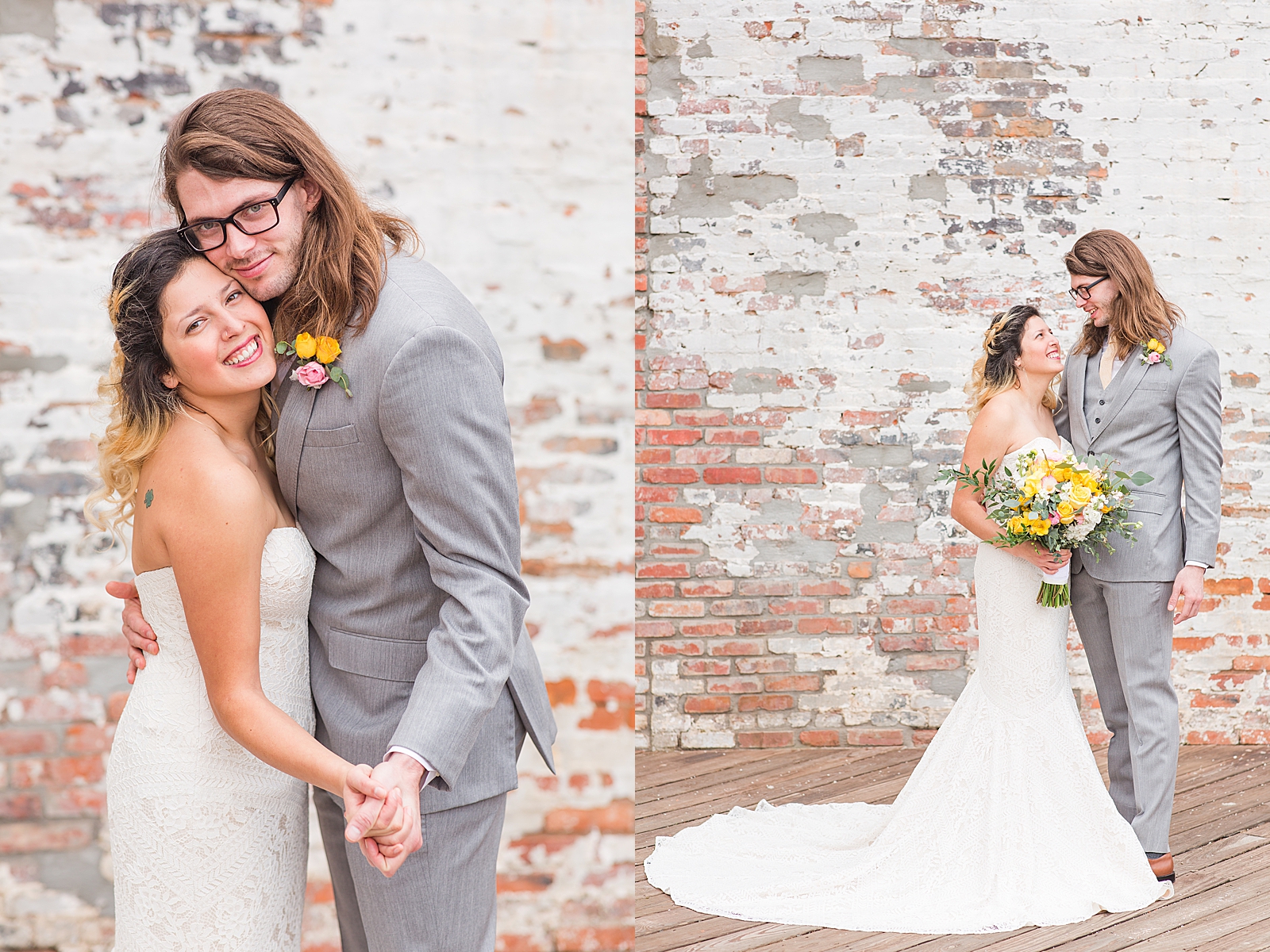 Hackney Warehouse Wedding Couple Smiling at camera and each other in front of brick wall Photos