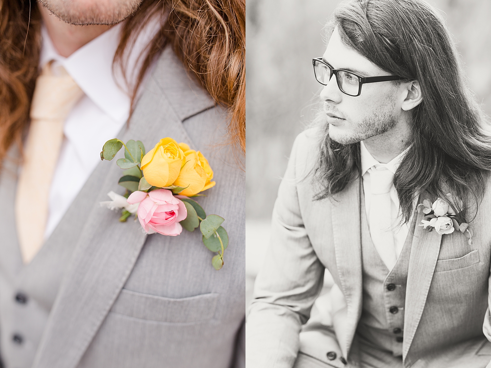 Hackney Warehouse Wedding Detail of Grooms Tie and Boutonniere and Black and White of Groom looking off Photos