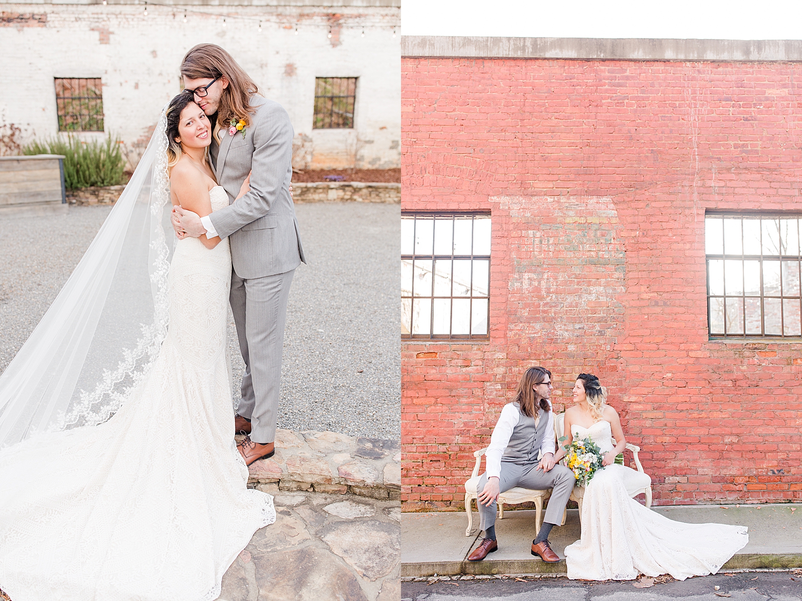 Hackney Warehouse Wedding Bride and Groom Smiling Hugging and Bride and Groom Sitting in front of Brick Wall Photos
