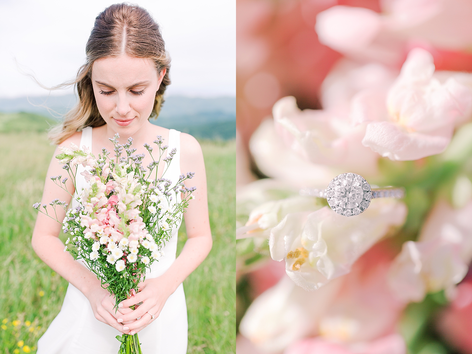 Max Patch Elopement Bride Looking at her Flowers and Detail of Ring on Flowers Photos
