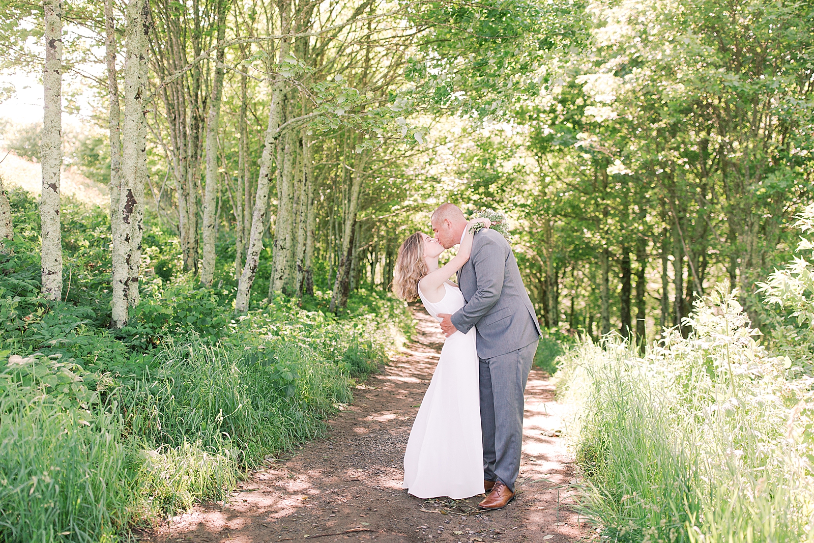 Max Patch Elopement Bride and Groom Kissing in Trees Photo