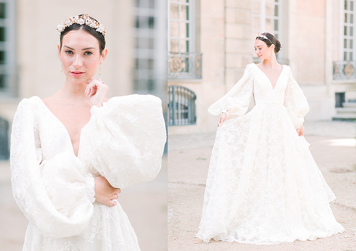 Musée Rodin Wedding Bride Looking at Camera and Twirling Photos