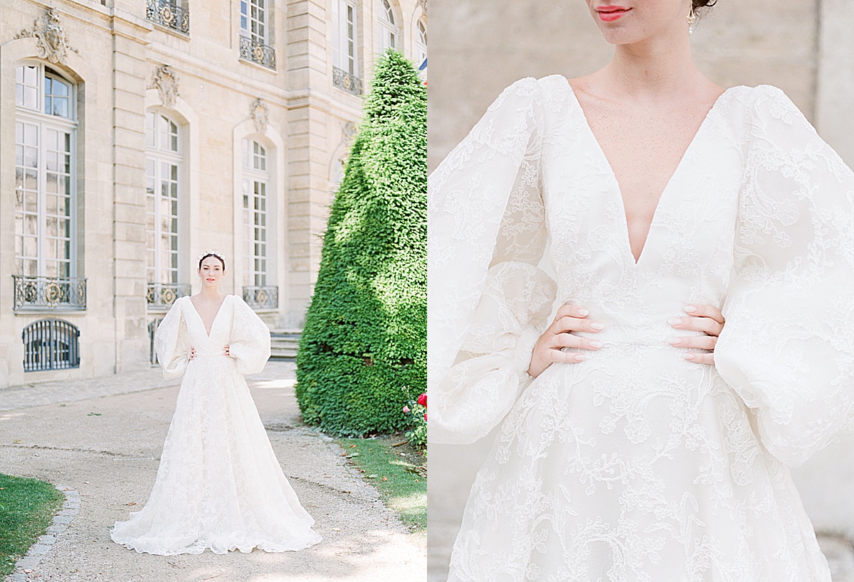Musée Rodin Wedding Bride Looking at camera hands on hips and Detail of Brides Dress Photos