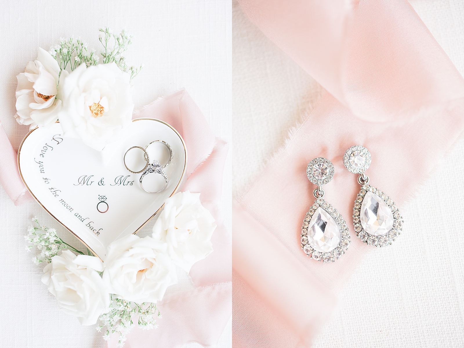 Rumbling Bald Resort Wedding Rings in a heart shaped white dish and earrings on pink ribbon Photos