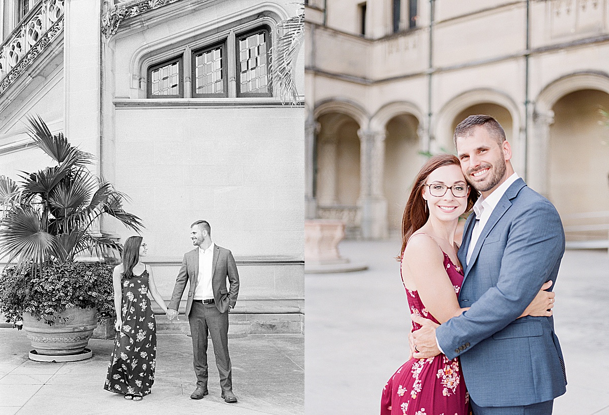 Biltmore Estate Anniversary Session Black and White of couple holding hands smiling at each other and hugging smiling at camera Photos