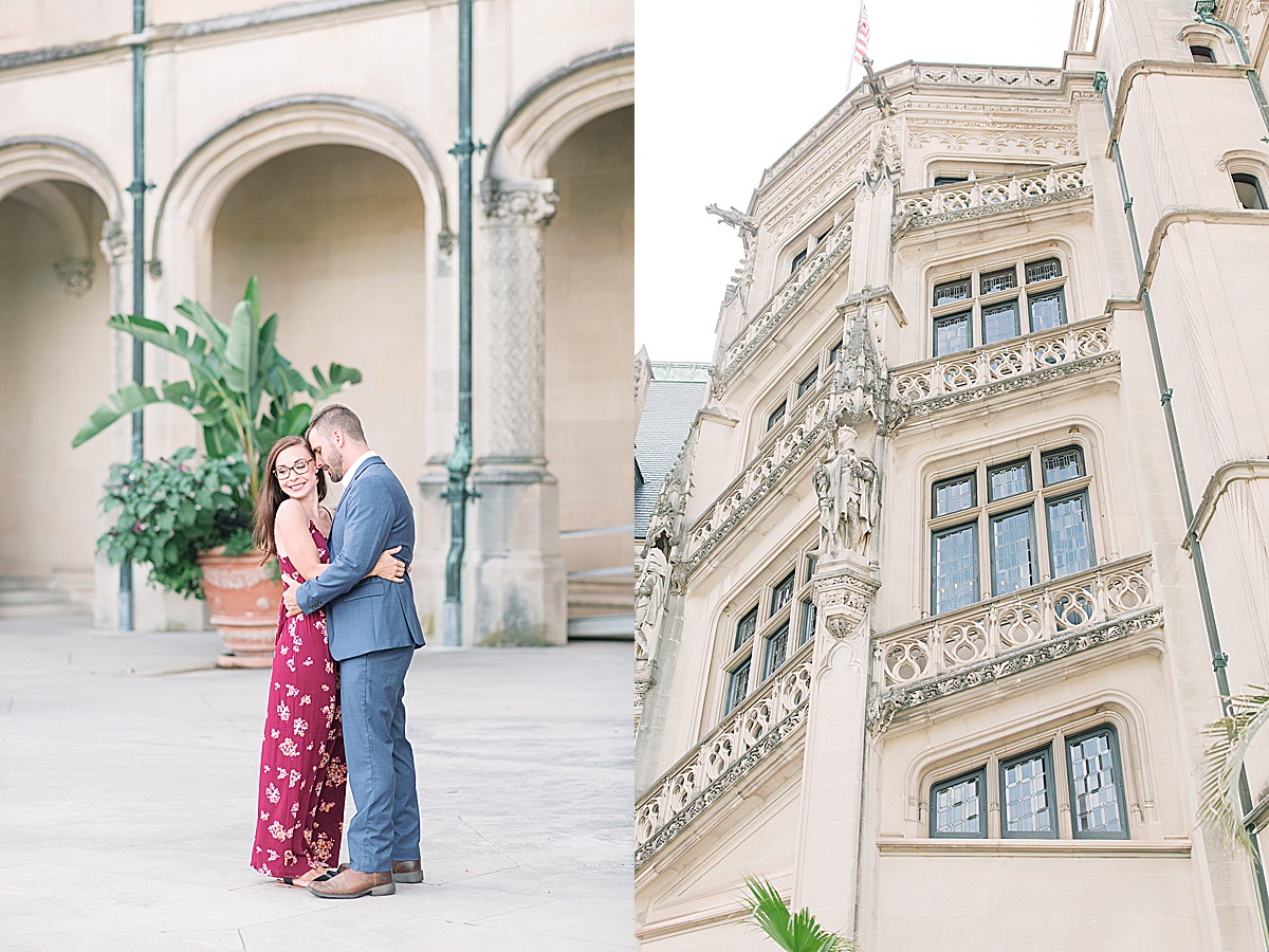 Biltmore Estate Anniversary Session Couple hugging and detail of building Photos