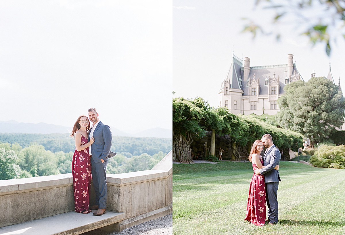 Biltmore Estate Anniversary Session Couple standing on wall and hugging with house in background Photos