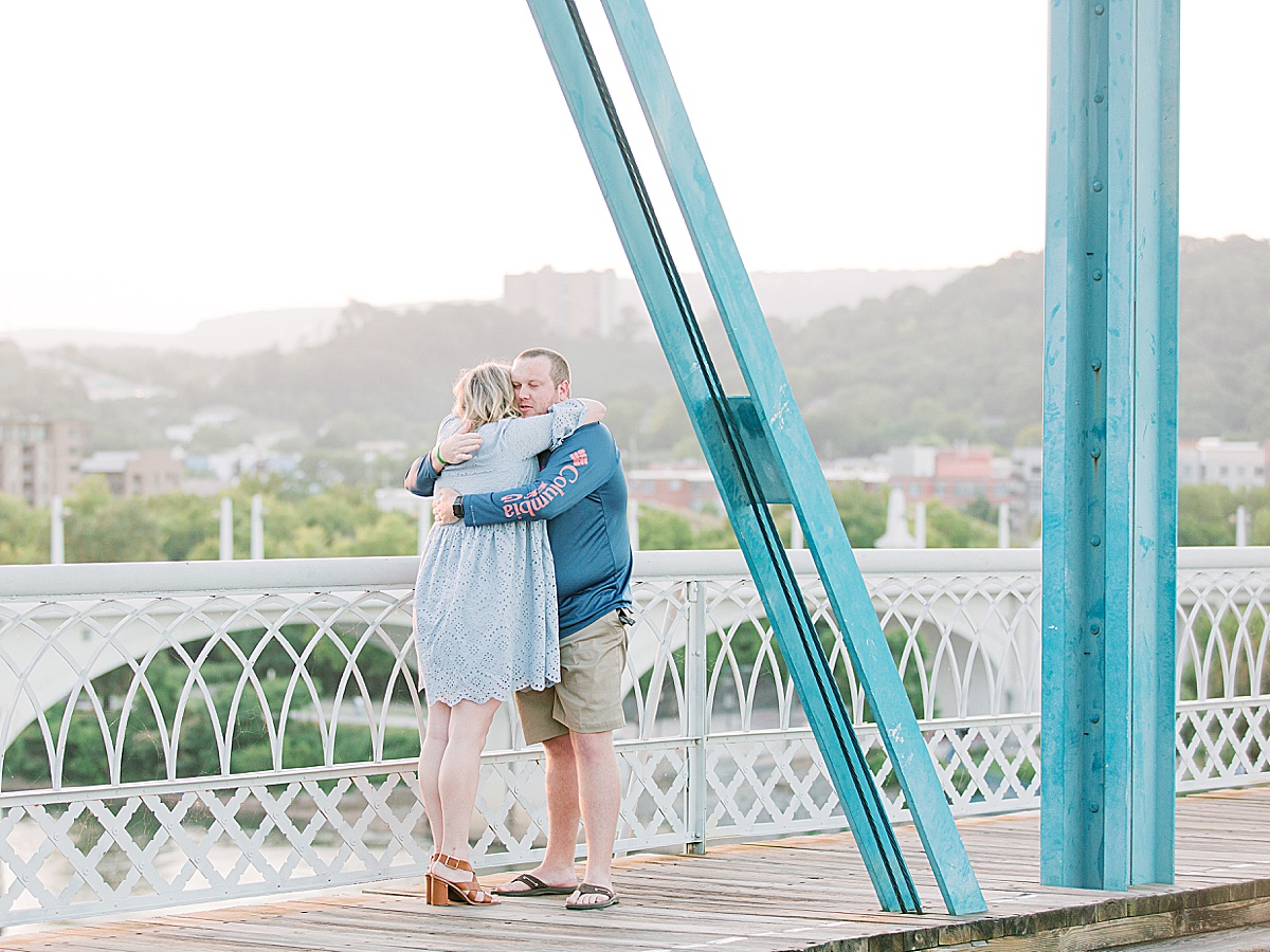 Chattanooga Proposal Couple Hugging on Walnut Street Bridge Photo