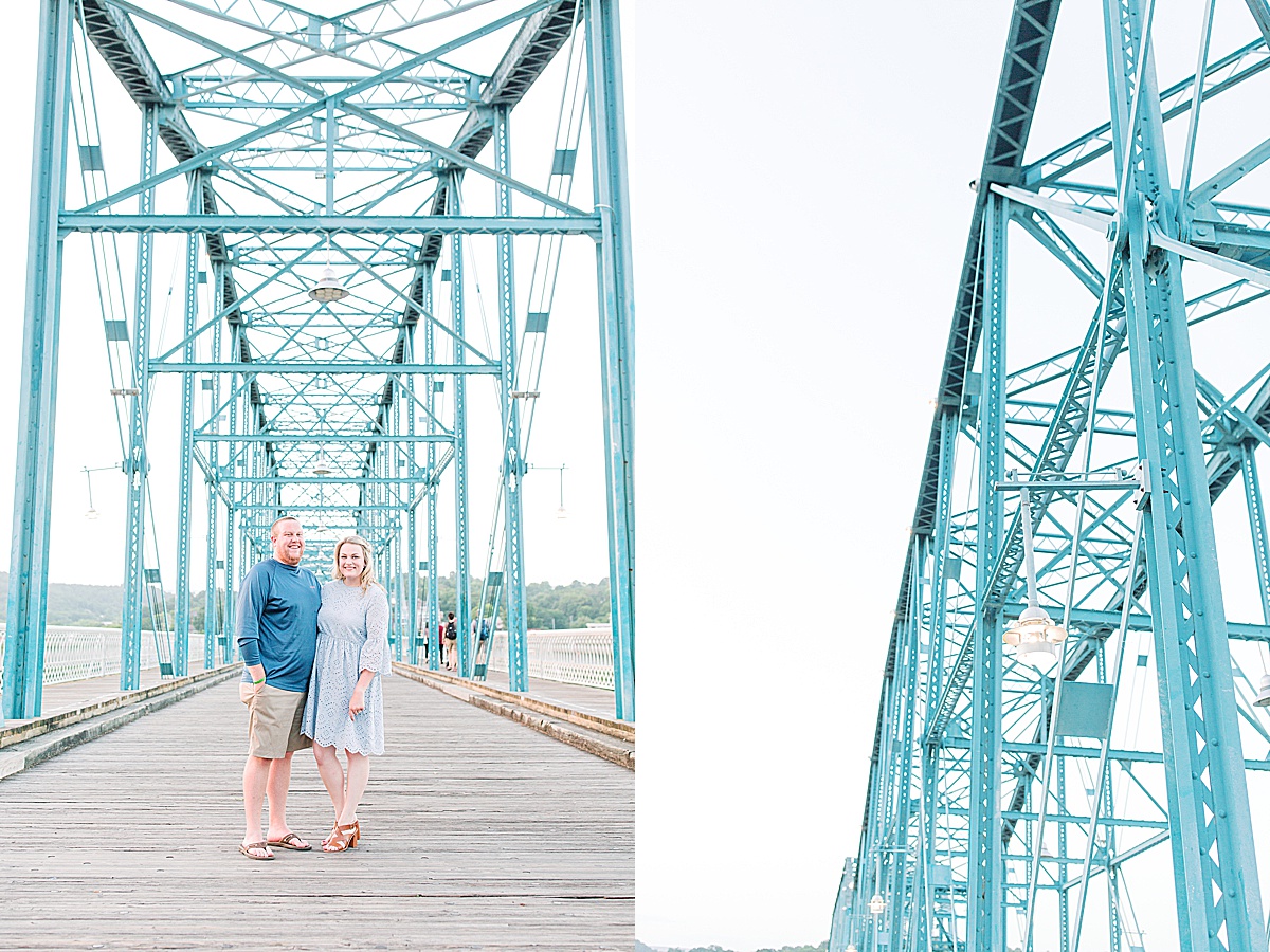 Chattanooga Proposal Couple smiling at camera on Walnut Street Bridge and Detail of Bridge Photos