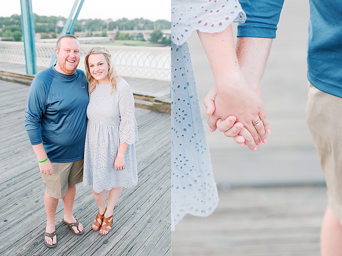 Chattanooga Proposal Couple Smiling at Camera and Holding Hands with Ring Showing Photos